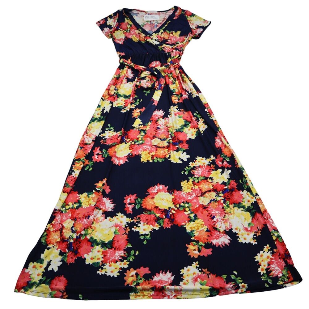 Wanna B Dress Womens L Multicolor Short Sleeve Floral Print Maxi Pullover